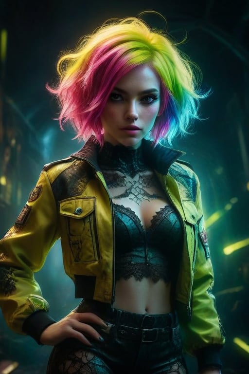 Create an image of a character with vibrant pink hair in a dynamic pose, wearing an intricately designed greenish-yellow jacket with blue accents and black lace leggings. The background should be dark with abstract green elements that give off an otherworldly vibe.
