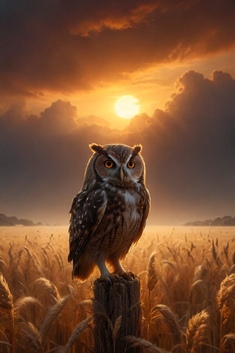 Write a story about an owl, the guardian of the wheat field, as it watches over the land under the enchanting glow of a setting sun. Describe the owl's intricate brown and white plumage, its piercing gaze, and the golden sea of wheat that stretches out before it. As the sun dips below the horizon, casting hues of orange and yellow across the sky, the owl prepares for its nightly vigil, a silent protector in the twilight.
