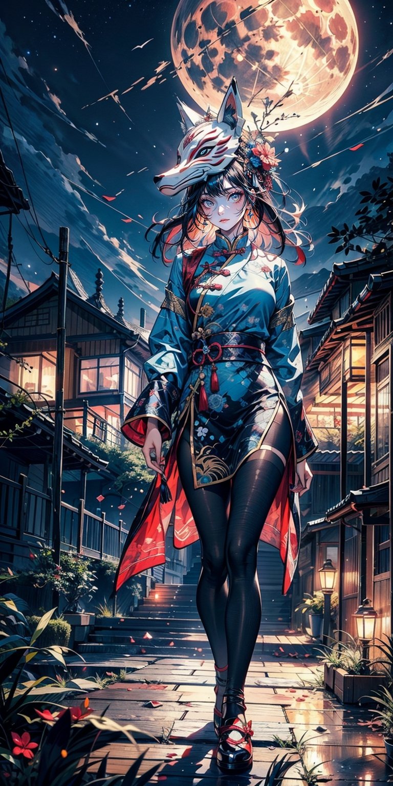 Girl, Blue Samurai, Ghost, Walking through a Haunted Village, Night Sky, Full Moon, Realistic, Full HD, Best Quality, (wooden fox mask on side:1.2), fantasy world, 4k, 8k, UHD, ultra quality, best quality, masterpiece, dinamic angle, traditional chinese clothing, (open face), midjourney