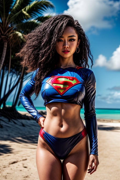 (looking at viewer:1.2), award winning upper body portrait of Supergirl , blue eyes, sunkissed skin, (black crop top and black bikini bottom), midriff, navel, wide hips, (small breasts:1.1), | beach, tropical island, ancient world, sunset, starry sky, sky full of clouds, saturated colors, hyperealistic shadows, | bokeh, depth of field, | ,3DMM,niannian,flaccid,son goku,iu1,LuxuriousWheelsCostume,  silver dress,