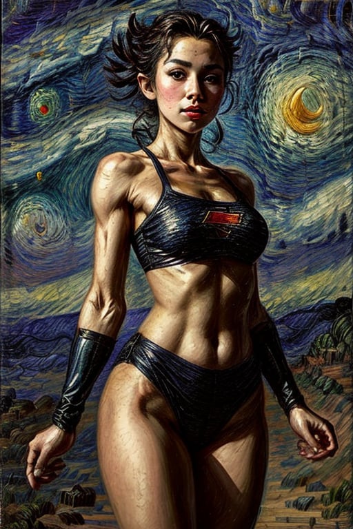 (looking at viewer:1.2), award winning upper body portrait of Supergirl , blue eyes, sunkissed skin, (black crop top and black bikini bottom), midriff, navel, wide hips, (small breasts:1.1), | beach, tropical island, ancient world, sunset, starry sky, sky full of clouds, saturated colors, hyperealistic shadows, | bokeh, depth of field, | ,3DMM,niannian,flaccid,son goku,iu1,LuxuriousWheelsCostume,  silver dress