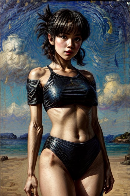 (looking at viewer:1.2), award winning upper body portrait of Supergirl , blue eyes, sunkissed skin, (black crop top and black bikini bottom), midriff, navel, wide hips, (small breasts:1.1), | beach, tropical island, ancient world, sunset, starry sky, sky full of clouds, saturated colors, hyperealistic shadows, | bokeh, depth of field, | ,3DMM,niannian,flaccid,son goku,iu1,LuxuriousWheelsCostume,  silver dress