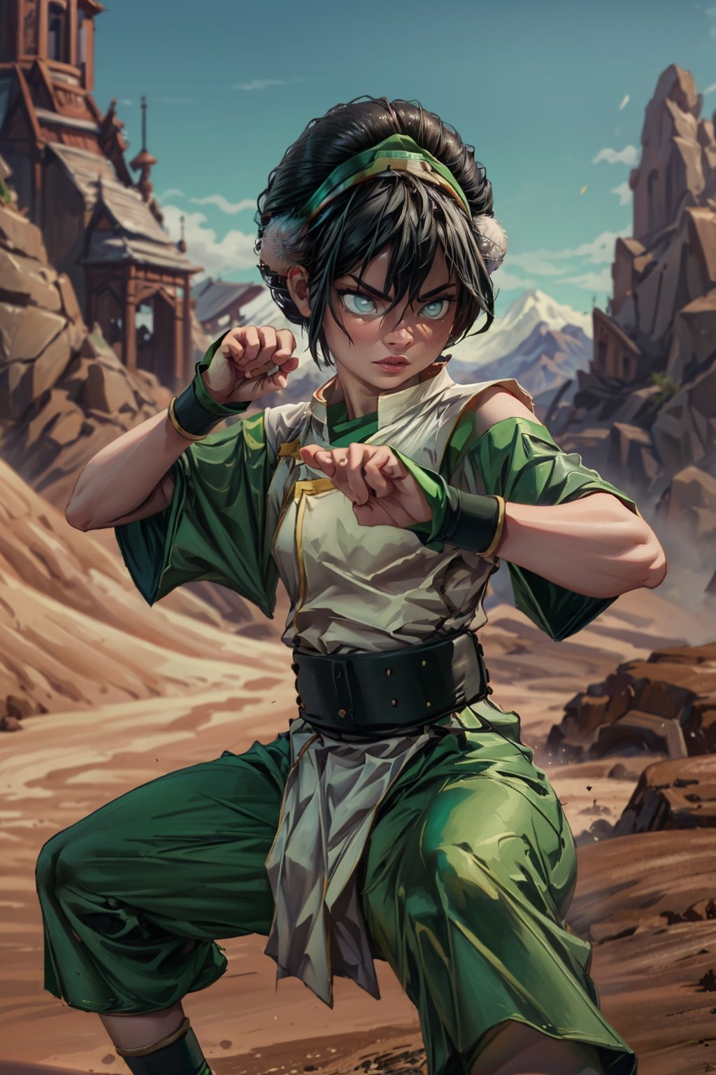 masterpiece, best quality, 1girl, black hair, hair bun, short hair, green hairband, Chinese clothes, short sleevea, white pupils, blind, dessert, scenery, martial arts pose, extremely detailed. 