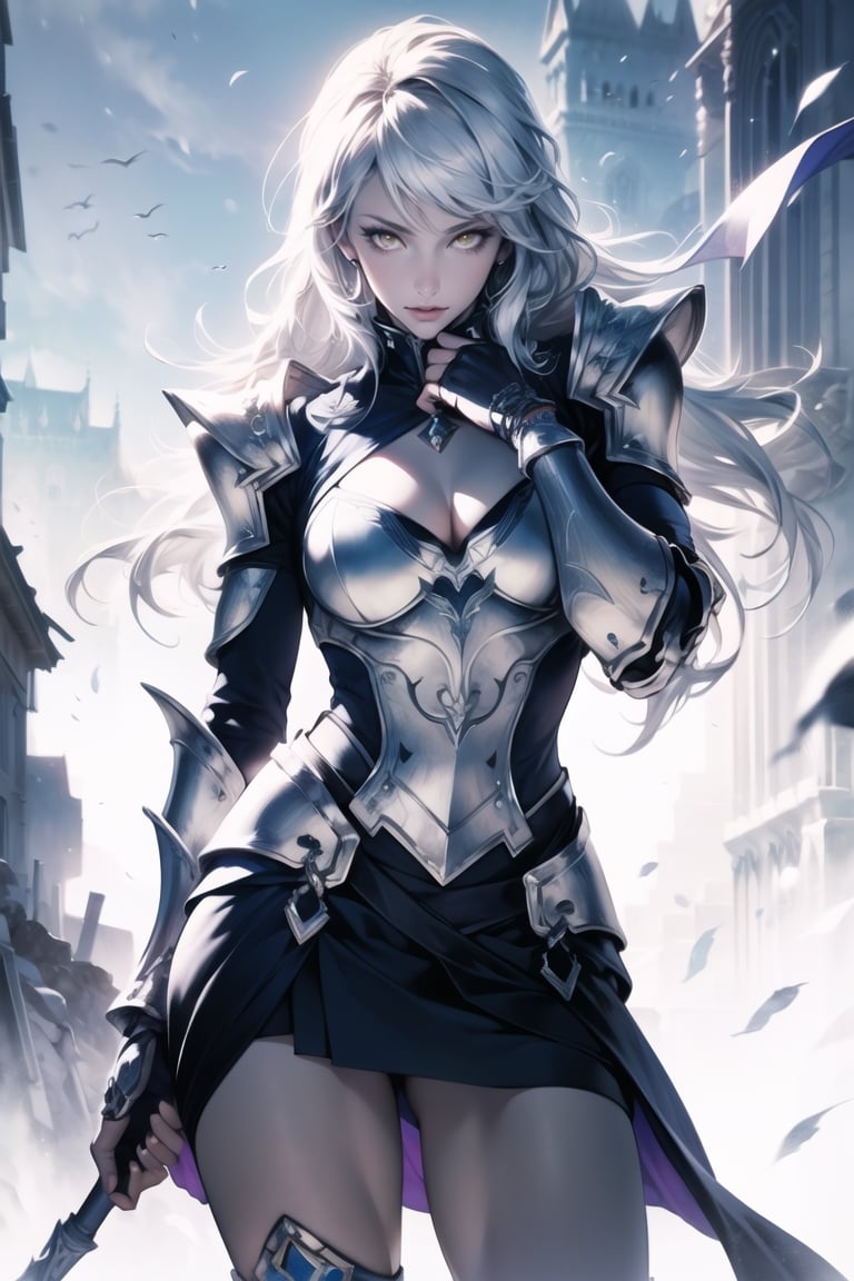((Masterpiece, best quality, ultra-detailed)), (detailed background), (pretty face), One female vampire, sunlight, yellow eyes, pale skin, silver long hair, armor shoulder plates, chest armor plates slightly revealing cleavage, legs armor plates slightly revealing legs, holding staff, cowboy shot, depth of field, (detailed background), (best illumination, an extremely delicate and beautiful)