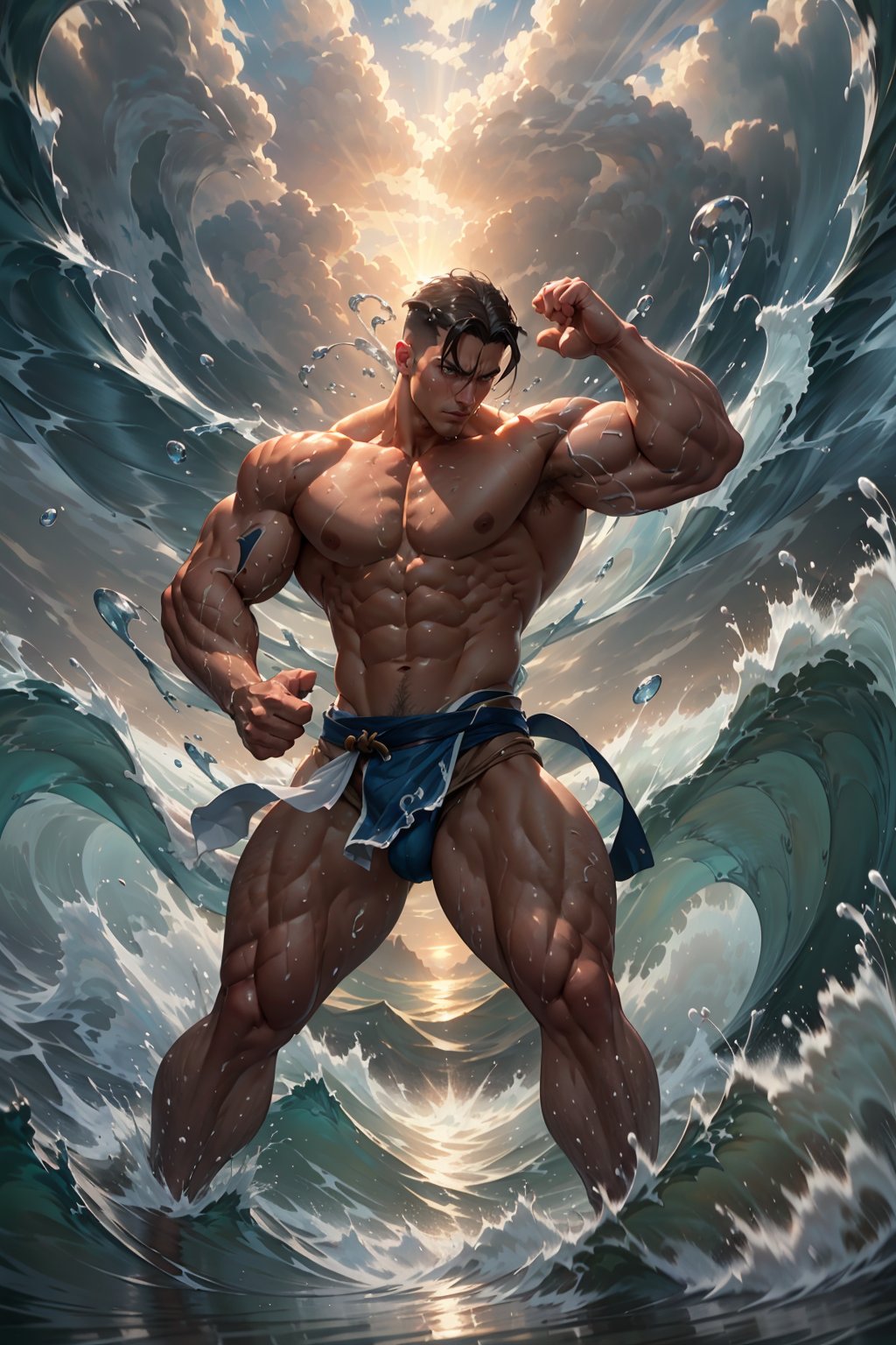 Masterpiece, Best Quality, 1man, muscular, loincloth, bulge, hydrokinesis, swirling water, batlle stance, anime sunset, wide shot, extremely detailed, cinematic lighting, detailed background, god rays, 
