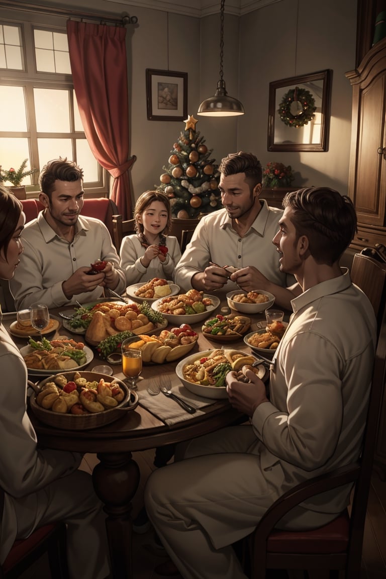 HIGHLY DETAILED, best quality, HDR, 32k, a family in a Christmas dinner, indoors, dim light, happiness 