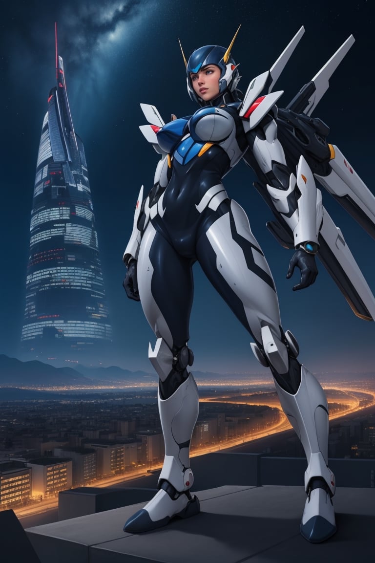 masterpiece, best quality, 1girl, mecha bodysuit, futuristic, city, night sky 