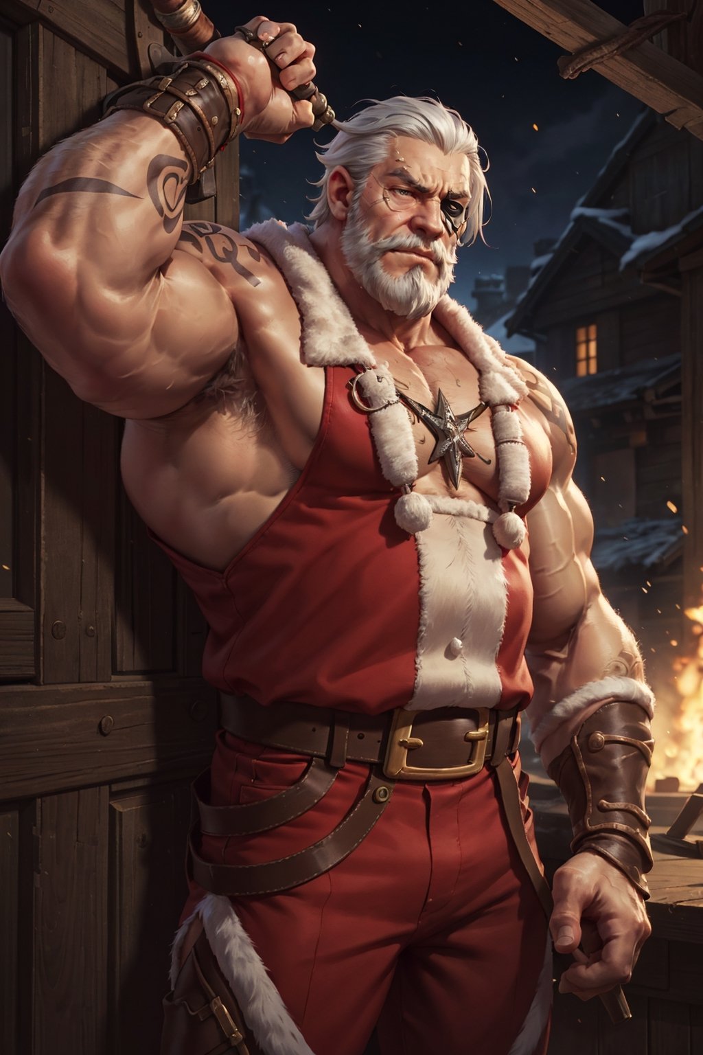 HIGHLY DETAILED, masterpiece, best quality, a man, mature male, old man, sideburns, (left eyepatch), silver hair, furr trim, Santa Claus, sleeveless, arm tattoo, rude, annoyed, holding weapon, huge muscles, cowboy shot. 