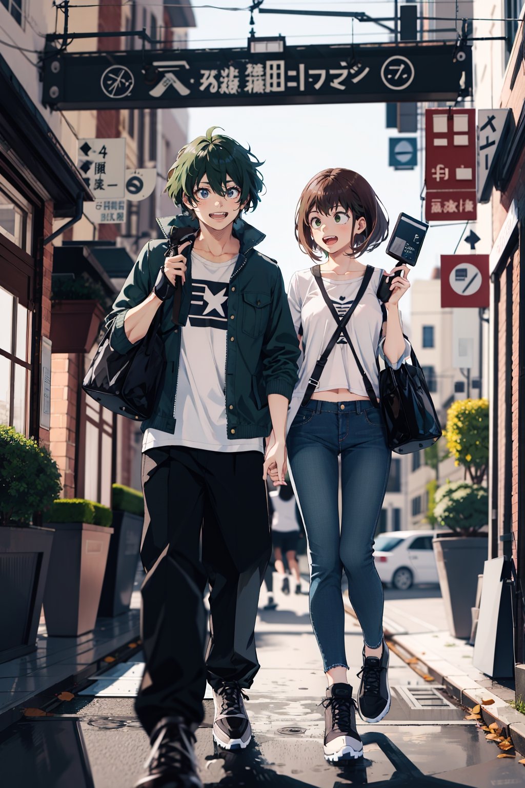 Masterpiece, best quality, digital illustration, extremely detailed, official art, best anime Artist, 
A girl and a boy posing for a photo.
on the left1girl, brown hair, bob cut, AND, [SEP]
On the right 1boy, midoriya izuku, short green hair, green eyes 
