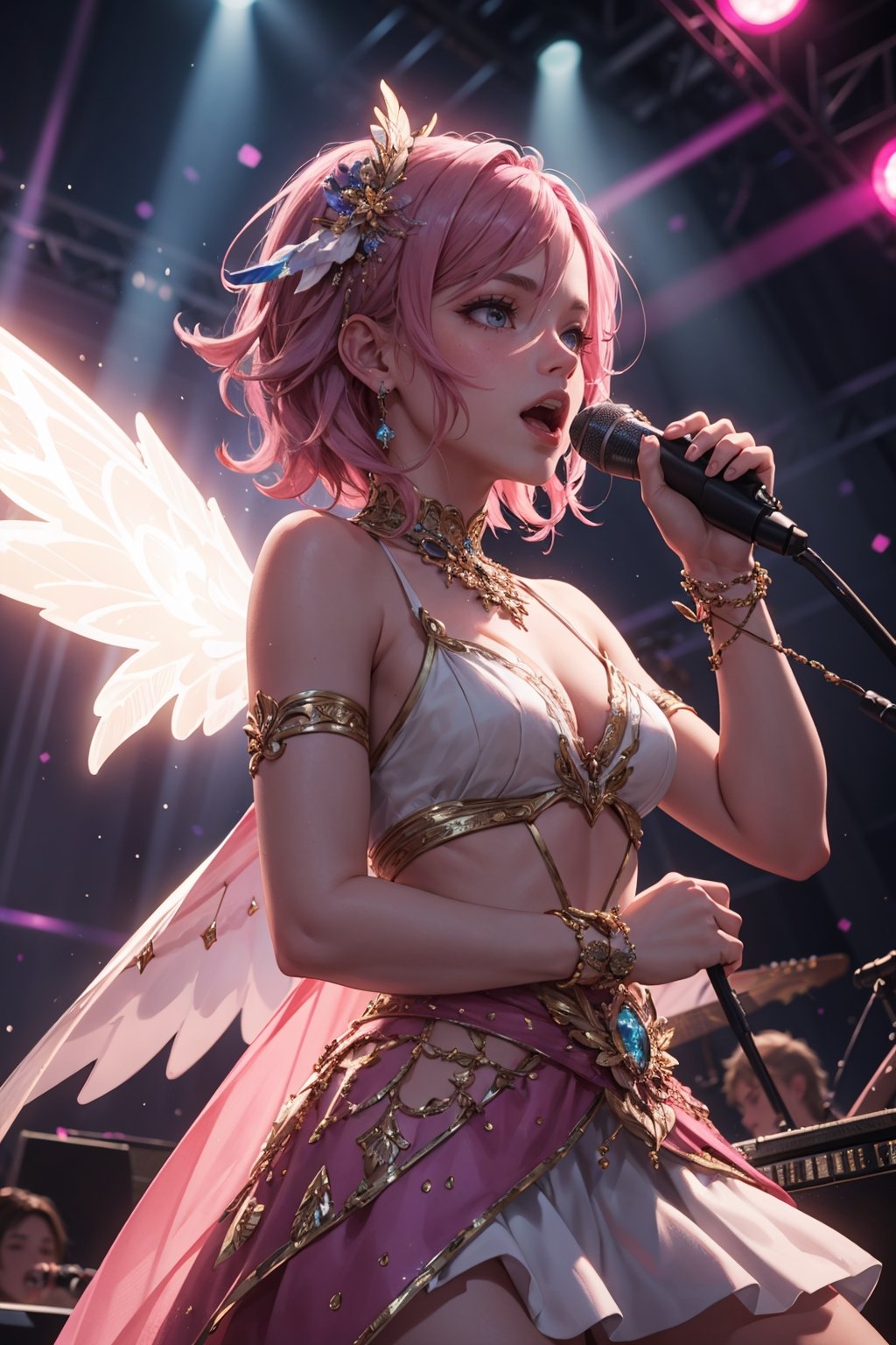 HIGHLY DETAILED, RAW, bokeh, 1girl, pink hair, hair, wings, god rays, idol, singing, concert, band, wide shot, neon lights,  