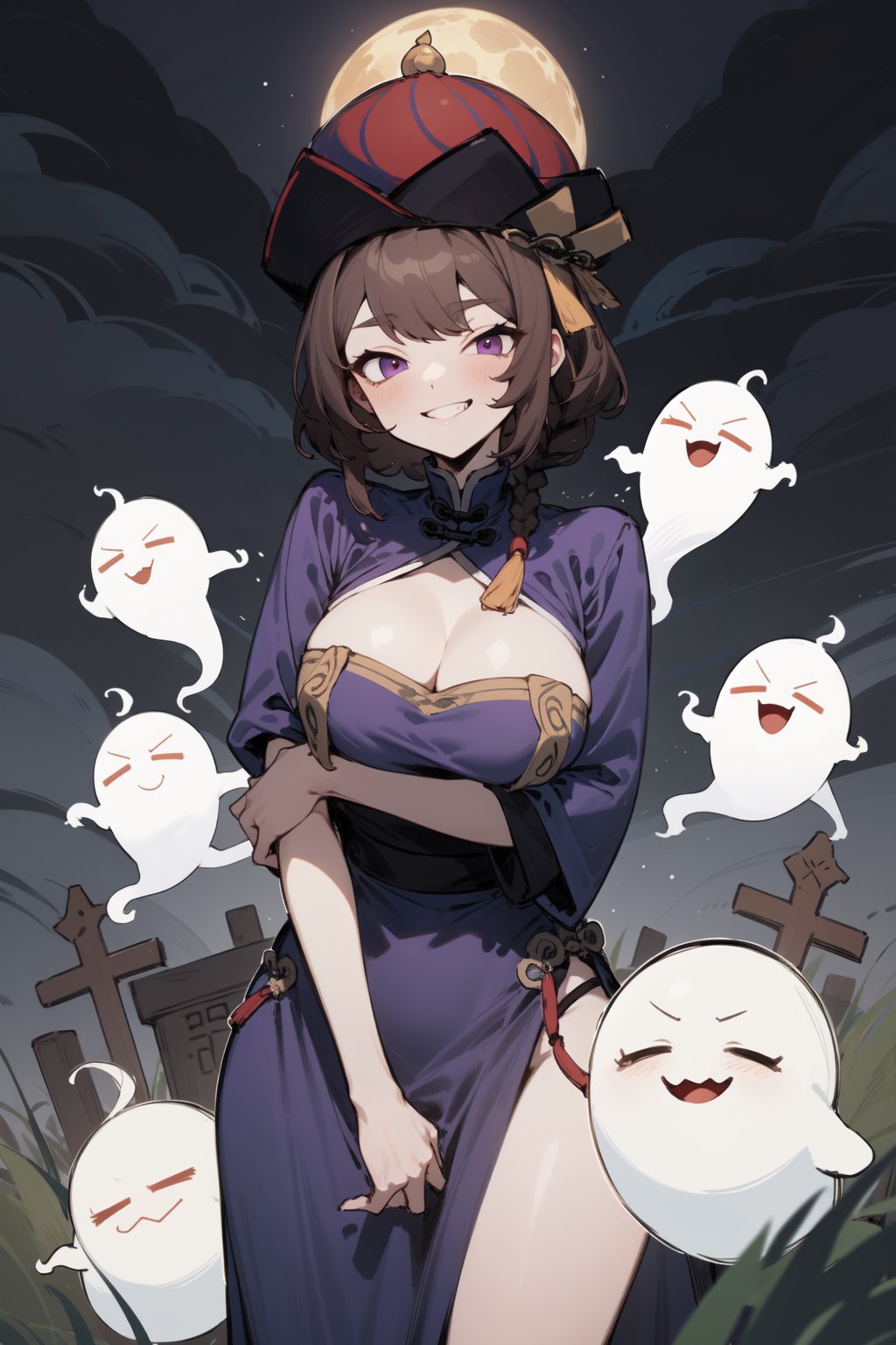 (masterpiece), 1girl, solo, best quality, expressive eyes, perfect face, sketch style, mature female, large breasts, brown hair BREAK braid, slim body, purple eyes BREAK cleavage cutout, standing, ((pale skin)), china dress, purple dress, jiangshi, qing_guanmao, hat, pelvic curtain, graveyard, (dark sky, dark clouds), moon, grass, little cute ghosts, smile, grin, half closed eyes, facing_viewer 