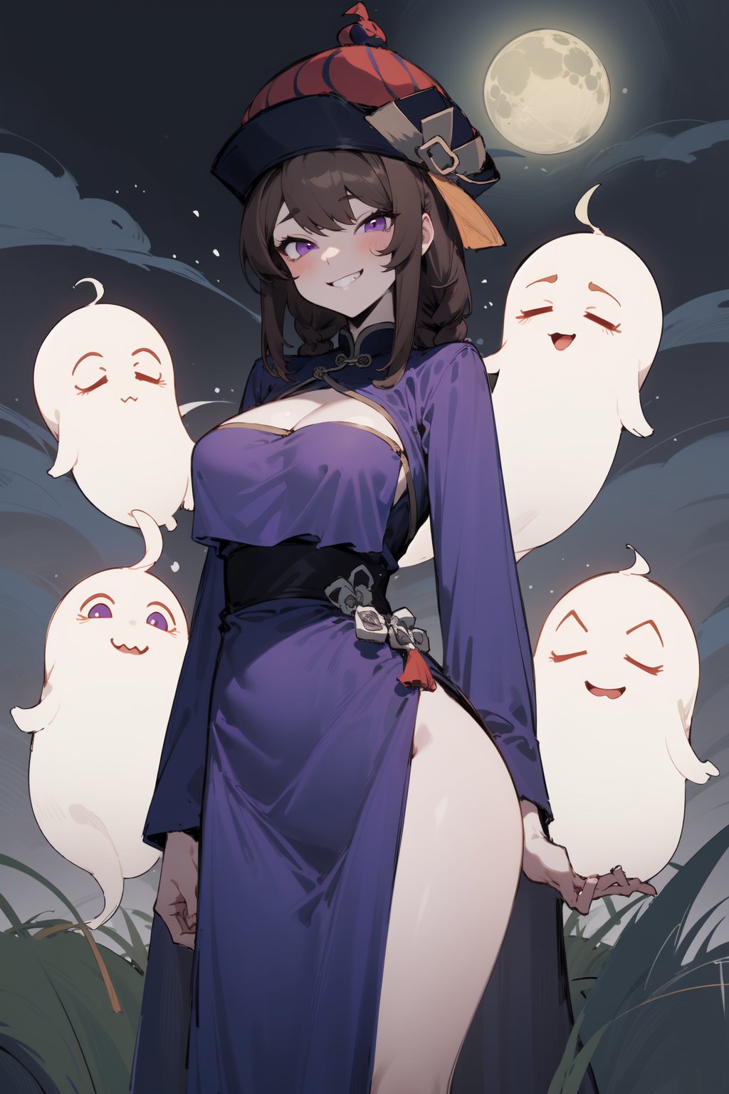 (masterpiece), 1girl, solo, best quality, expressive eyes, perfect face, sketch style, mature female, large breasts, brown hair BREAK braid, slim body, purple eyes BREAK cleavage cutout, standing, ((pale skin)), china dress, purple dress, jiangshi, qing_guanmao, hat, pelvic curtain, graveyard, (dark sky, dark clouds), moon, grass, little cute ghosts, smile, grin, half closed eyes, facing_viewer 