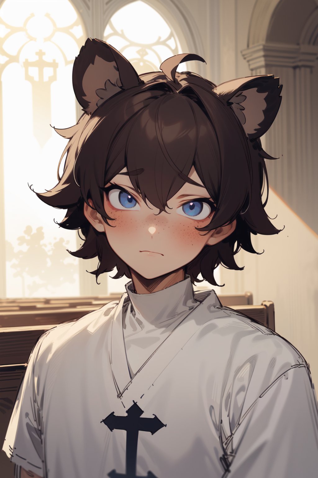 (masterpiece), 1boy, solo male, best quality, expressive eyes, perfect face, sketch style, (sfw), best quality, kemonomimi, bear ears, animal ears, brown hair, short hair, messy_hair, blue eyes BREAK freckles, (priest), (little boy, young boy), white outfit, closed mouth, looking_at_viewer, blush, indoors, church, 