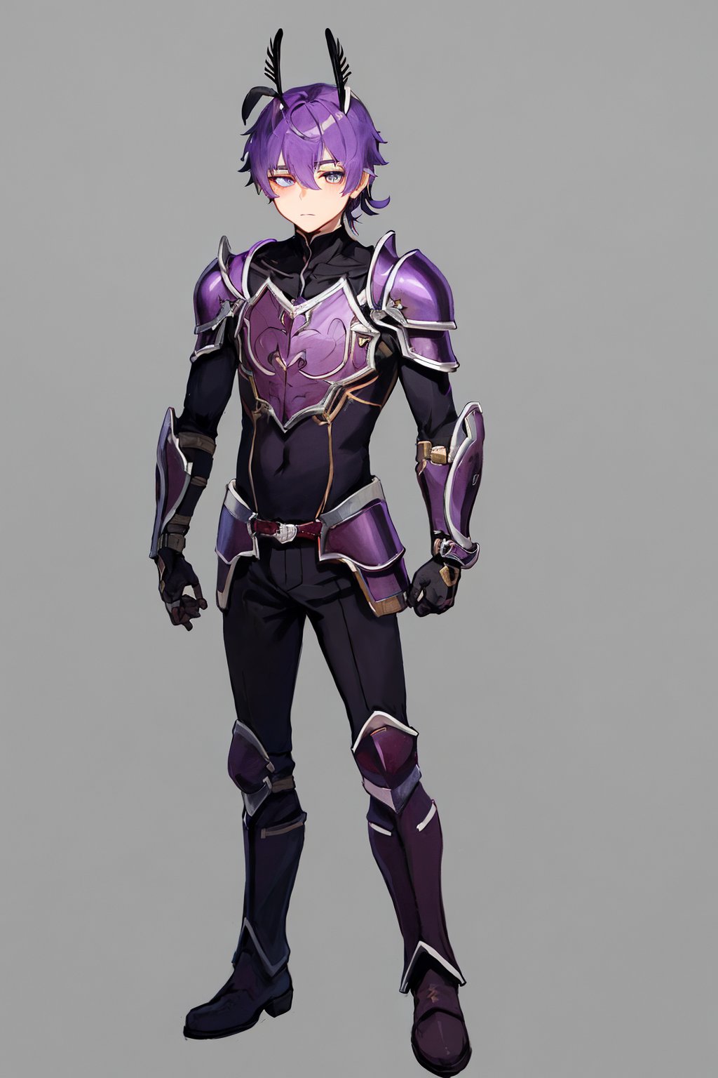 (masterpiece), expressive eyes, perfect face, 1boy, (arthropod boy, antennae), solo, purple hair, purple armor, black pants, purple_eyes, heterochromia, ponytail, gloves, boots, standing
