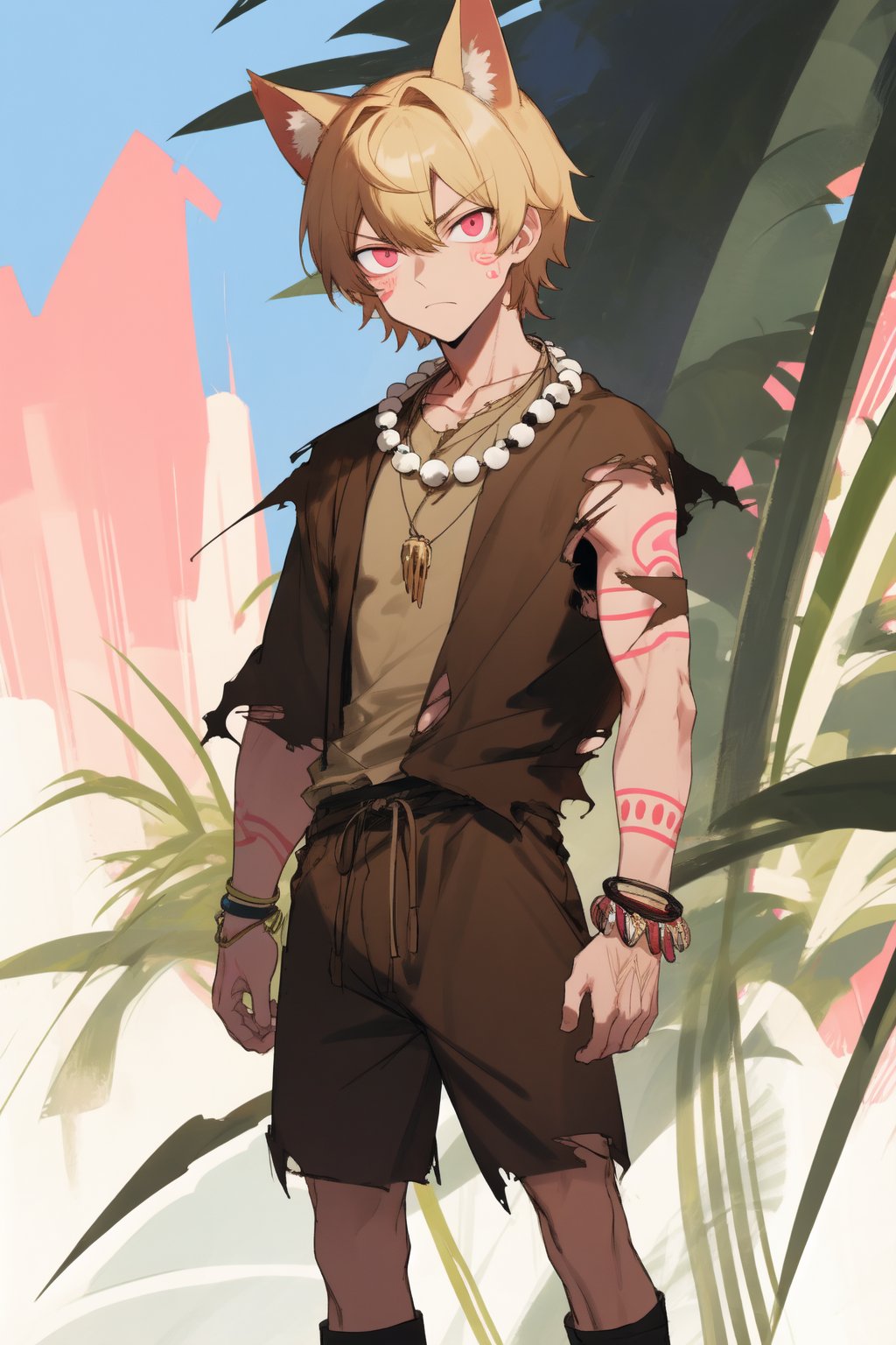 (masterpiece), 1boy, solo male, best quality, expressive eyes, perfect face, sketch style, (sfw), best quality, dog ears, blond hair, short hair, pink eyes BREAK (handsome boy, adult man), standing, tribal, jungle, standing, (brown clothes, torn shirt, torn shorts), outdoors, day sky, daytime, tribal tattoos, tribal, blush stickers, ankle_bracelets, bone necklace, glaring, looking_at_viewer