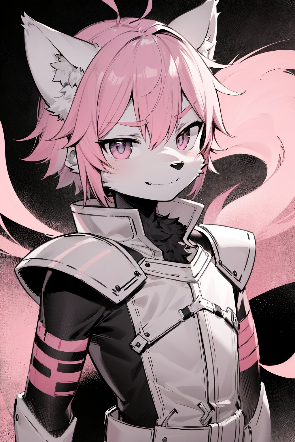 (masterpiece), 1boy, best quality, expressive eyes, perfect face, (furry, kemono, black fur), (shota, young boy), Wolf ears, Wolf tail, pink hair, pink armor, upper body, standing, (Sfw), smirk, pink color, lineart, abstract, pink theme, greyscale, monochrome, 