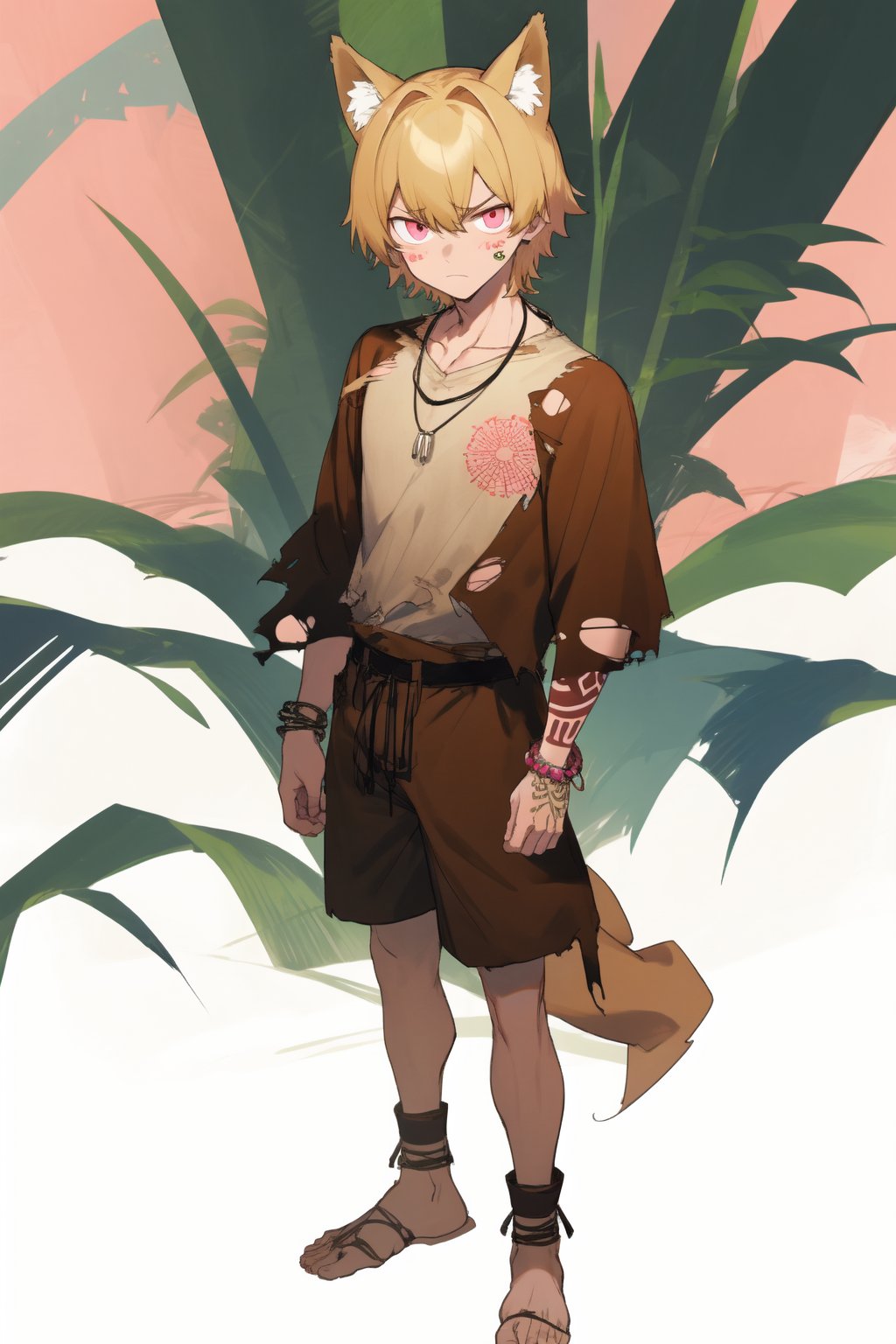 (masterpiece), 1boy, solo male, best quality, expressive eyes, perfect face, sketch style, (sfw), best quality, dog ears, blond hair, short hair, pink eyes BREAK (handsome boy, adult man), standing, tribal, jungle, standing, (brown clothes, torn shirt, torn shorts), outdoors, day sky, daytime, tribal tattoos, tribal, blush stickers, ankle_bracelets, bone necklace, glaring, looking_at_viewer, dog tail 