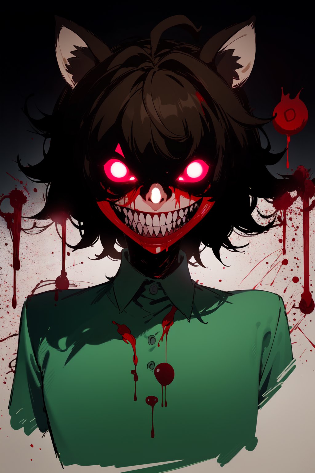 (masterpiece), 1boy, solo male, sfw, best quality, expressive eyes, perfect face, sketch style, (sfw), best quality, kemonomimi, bear ears, animal ears, brown hair, short hair, messy_hair, blue eyes BREAK freckles, , (little boy, young boy) internet horror face, EXEcore, melting eyes, (nightmare face), looking at viewer, black background, dark aura, glowing eyes, long neck, (blood, bleeding, flesh), smile, ,teeth, horror (theme), evil smile, upper body, looking_at_viewer, sharp teeth, grin, green shirt