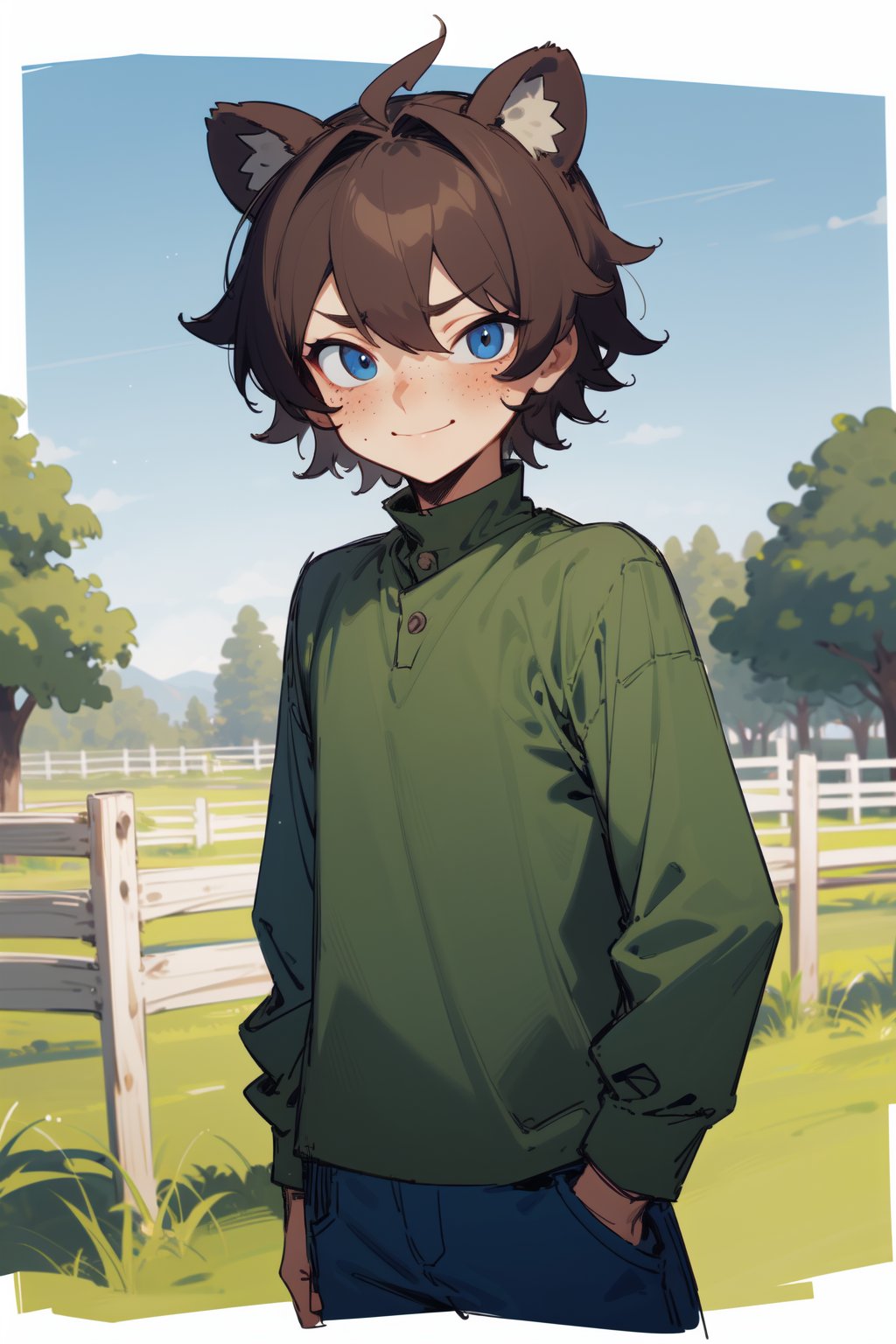 (masterpiece), 1boy, solo male, best quality, expressive eyes, perfect face, sketch style, (sfw), best quality, kemonomimi, bear ears, animal ears, brown hair, short hair, messy_hair, blue eyes BREAK freckles, green shirt BREAK (little boy, young boy), blue pants BREAK grass, looking_at_viewer, blush, standing, fence, trees, blue sky, lake, closed mouth, smile
