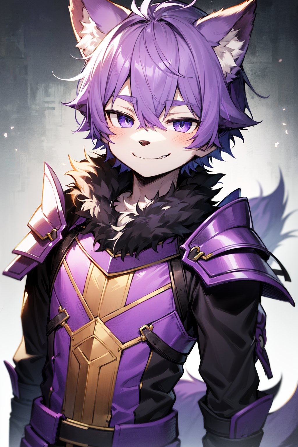 (masterpiece), 1boy, best quality, expressive eyes, perfect face, (furry, kemono, black fur), (shota, young boy), Wolf ears, Wolf tail, purple hair, purple armor, upper body, standing, (Sfw), smirk 
