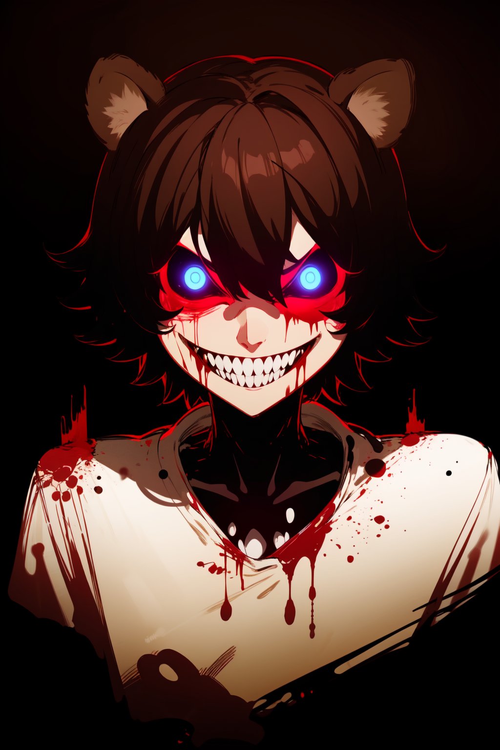 (masterpiece), 1boy, solo male, sfw, best quality, expressive eyes, perfect face, sketch style, (sfw), best quality, kemonomimi, bear ears, animal ears, brown hair, short hair, messy_hair, blue eyes BREAK freckles, , (little boy, young boy) internet horror face, EXEcore, melting eyes, (nightmare face), looking at viewer, black background, dark aura, glowing eyes, long neck, (blood, bleeding, flesh), smile, ,teeth, horror (theme), evil smile, upper body, looking_at_viewer, sharp teeth, grin