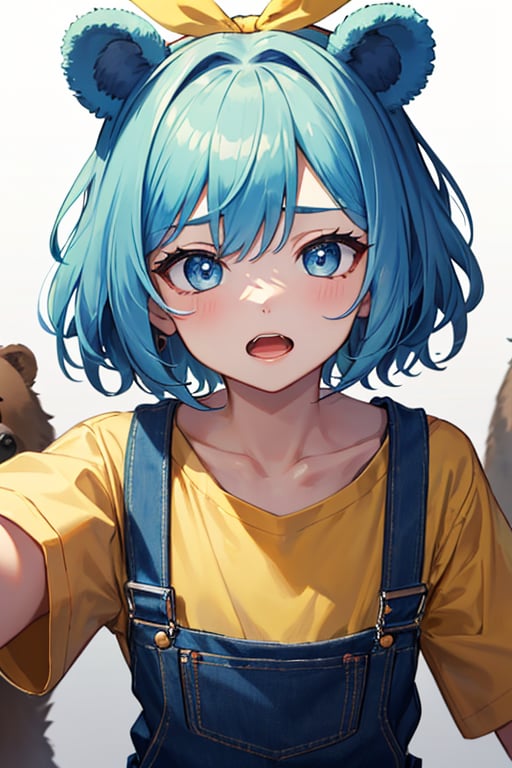 (masterpiece), best quality, expressive eyes, perfect face, 1boy, light blue hair, Bear ears, yellow headband, fat boy, white shirt, overalls, open mouth 