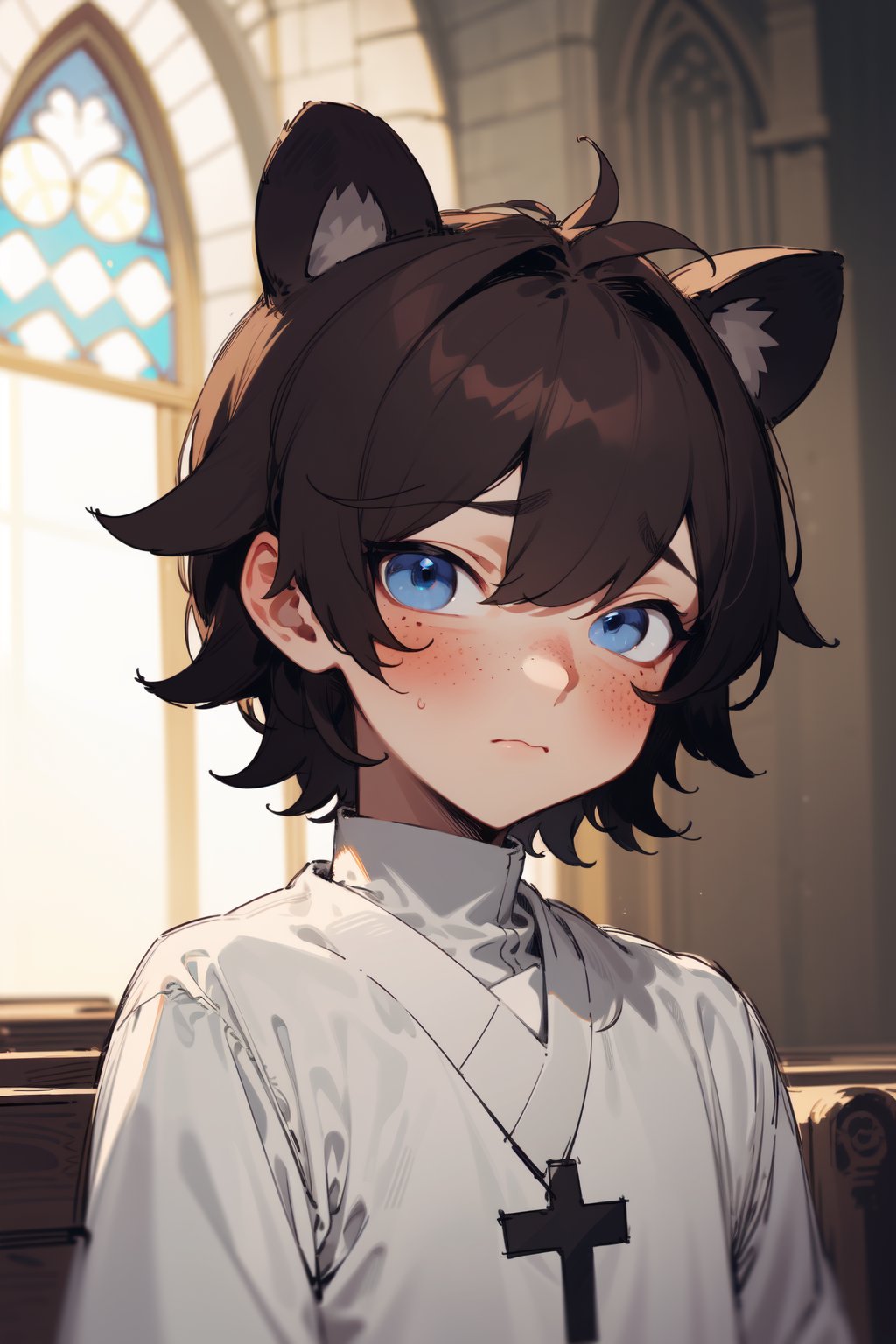 (masterpiece), 1boy, solo male, best quality, expressive eyes, perfect face, sketch style, (sfw), best quality, kemonomimi, bear ears, animal ears, brown hair, short hair, messy_hair, blue eyes BREAK freckles, (priest), (little boy, young boy), white outfit, closed mouth, looking_at_viewer, blush, indoors, church, 