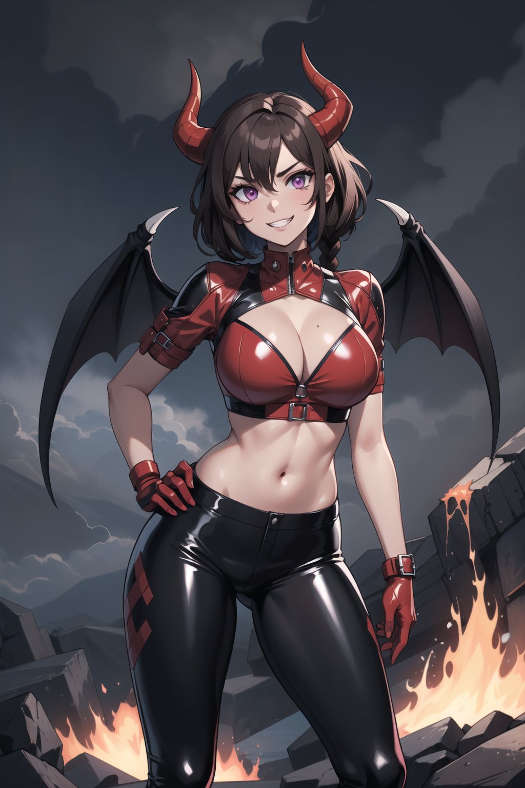 (masterpiece), 1girl, best quality, expressive eyes, perfect face, retro artstyle, mature female, large breasts, brown hair BREAK braid, slim body, purple eyes, cleavage, standing, (demon girl), red horns BREAK black wings, (latex), crop top, black pants BREAK volcano, (dark clouds, cloudy sky, night time), rocks, standing, sexy pose, evil grin, dark aura, glowing eyes, looking_at_viewer, lava lake, magma