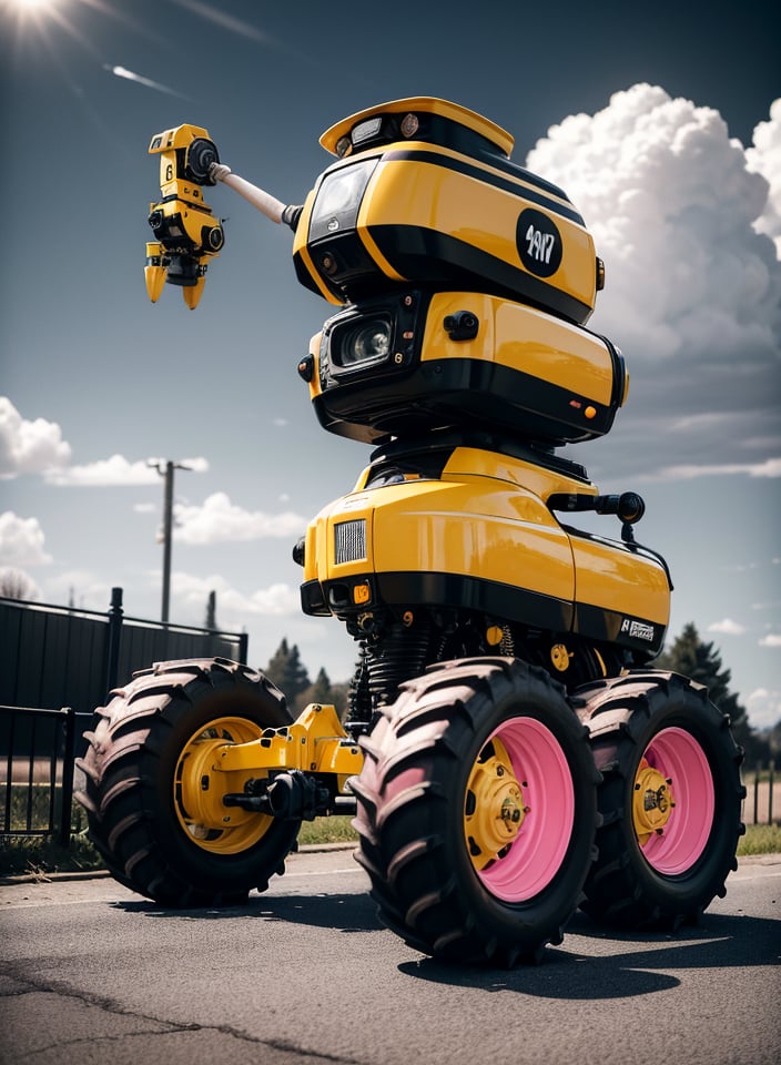 RAW image, sophisticated robot, black and white surveillance camera head, yellow and black blender body, (4 pink tractor wheels), golden hubcap, nice looking, looking with curious expression at strange object on the ground, street, houses, no people on the street and no vehicles, sun clouds, best image, masterpiece, 50mm lens, 8k, (extreme long shot:1.6)