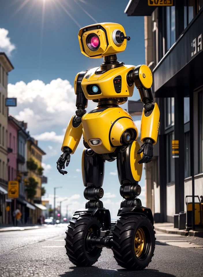 RAW image, sophisticated robot, black and white surveillance camera head, yellow and black blender body, pink tractor wheels, golden hubcap, nice looking, looking with curious expression at strange object on the ground, street, houses, no people on the street and no vehicles, sun clouds, best image, masterpiece, 50mm lens, 8k