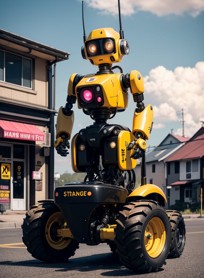 RAW image, sophisticated robot, black and white surveillance camera head, yellow and black blender body, pink tractor wheels, golden hubcap, nice looking, looking with curious expression at strange object on the ground, street, houses, no people on the street and no vehicles, sun clouds, best image, masterpiece, 50mm lens, 8k