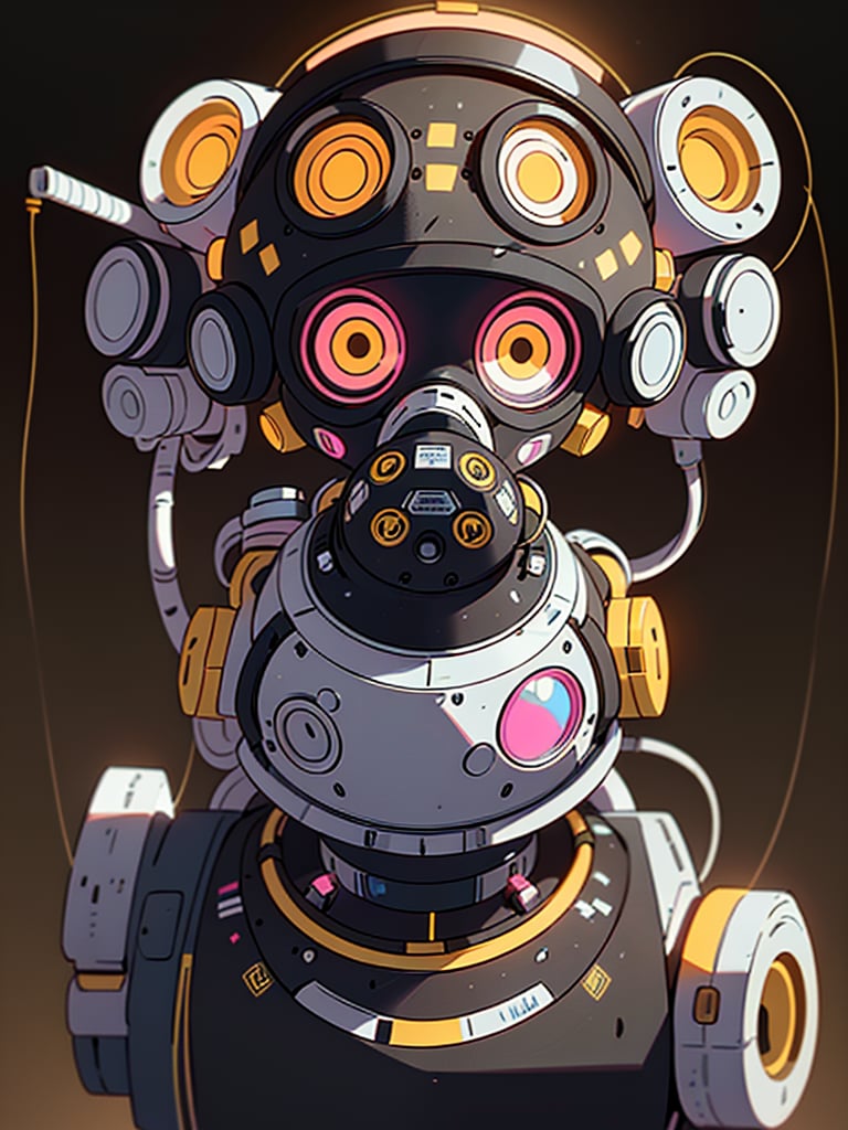 RAW image, a robot, black and white gas mask head, body with several multicolored connections and wires, brown pneumatic cables, electric circuits, hologram, yellow and black, pink tractor wheels, golden cap, nice looking, best image, masterpiece, lens 300mm, 8k, (white background:1.3), multiple_angle views, long focal length