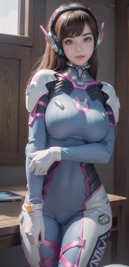 (Teen girl:1.4), (caucasian girl:1.4), (((extremely beautiful and sexy girl))), ((godess hot girl)), hand on hip, looking at viewer, cowboy shot, d.va (overwatch), aahana, headphone, ((whisker markings)), shoulder pads, blue bodysuit, ribbed bodysuit, animal print, clothes writing, long sleeves, (white gloves), short brown hair, pixie haircut, seducing brown eyes, looking at viewer, freckles, smile, (cheeky), blushed, parted lips, (glossy lips:1.3), (gigantic breasts:1.3), tony waist, wide hips, thick thigs, well sunlit, (masterpiece:1.5), (intricate details), best quality, (high resolution), (unity 8k wallpaper), (illustration:0.8), (beautiful detailed eyes:1.6), (extremely detailed face), (perfect lighting), (extremely detailed CG), ((perfect hands, perfect anatomy)),