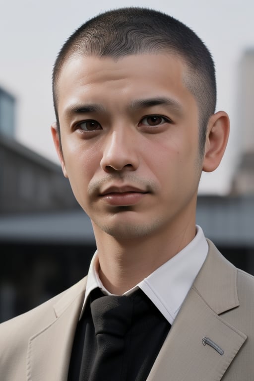 A portrait of a 30 years old man, ((black buzzcut)), in a business suit