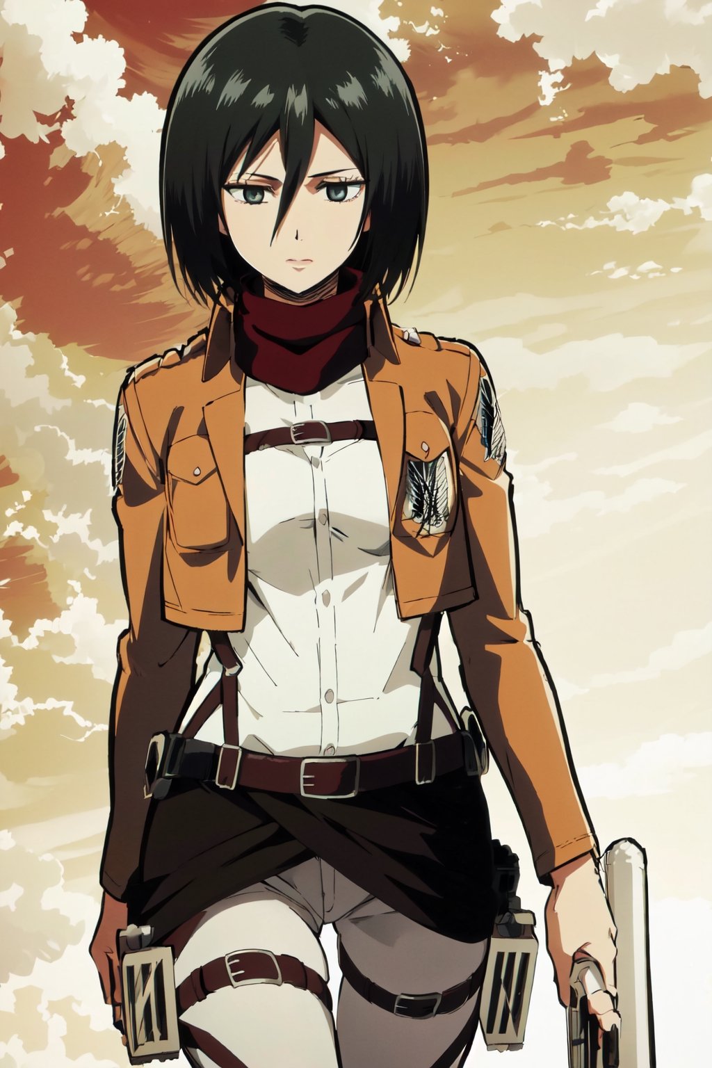  4k, wallpaper,Full body, (Best Quality), (Masterpiece), a very exquisite and beautiful girl, very detailed, amazing, with exquisite details, official art, super detailed, high-level,  shingeki no kyojin, mikasa ackerman, 1girl, arm strap, bangs, black hair, black pants, breasts, cowboy shot, embers, green eyes, hair between eyes, long sleeves, looking at viewer, medium breasts, pants, red scarf, scarf, shirt, short hair, solo, thigh strap,  brown jacket, white shirt, survey corps \(emblem\), ((masterpiece)), best quality, ,hmmikasa, black eyes