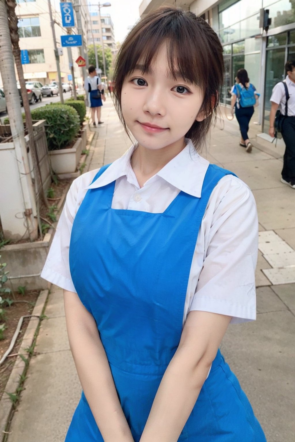 woman, blue uniform, skirt, bokeh