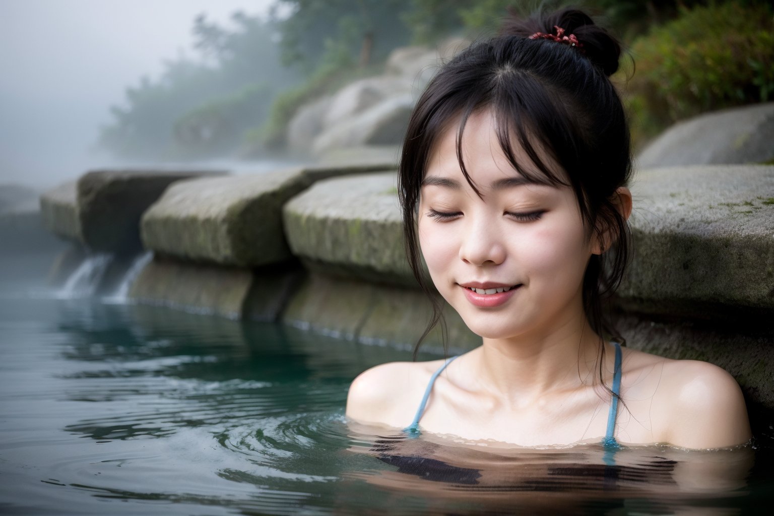 Chinese woman, little smile, eye closed,
Alishan hot spring, fog, body in water,
