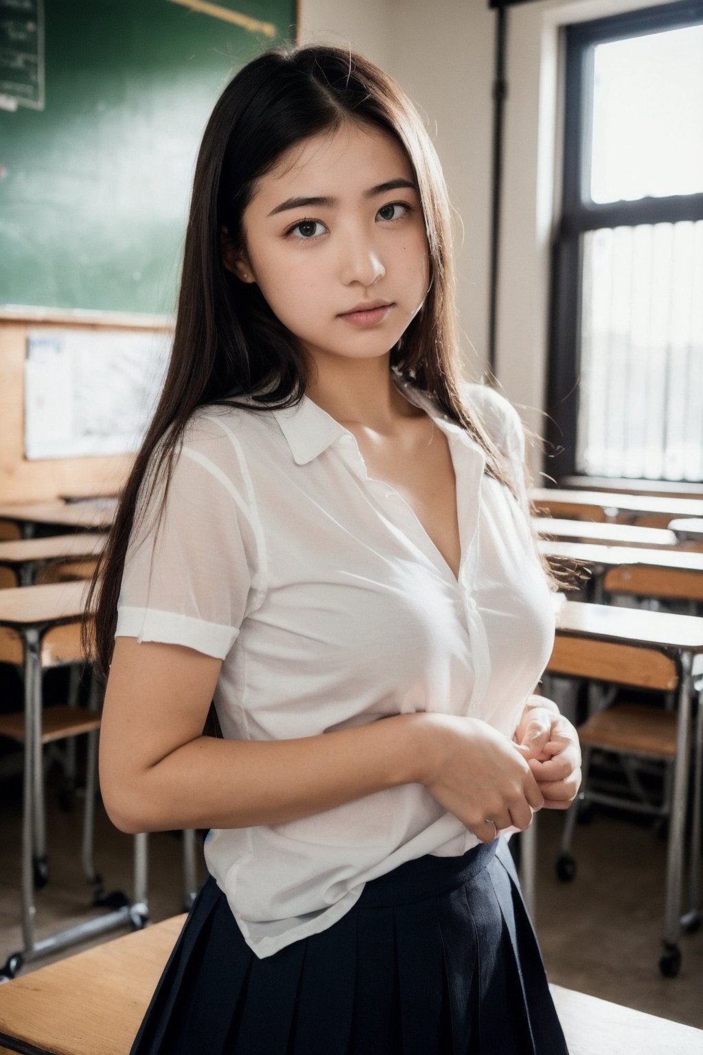 Raw photo, 21 years school_girl ,
sharp focus, best quality, natural light, classroom, school_uniform, ((((down_blouse)))), small breast