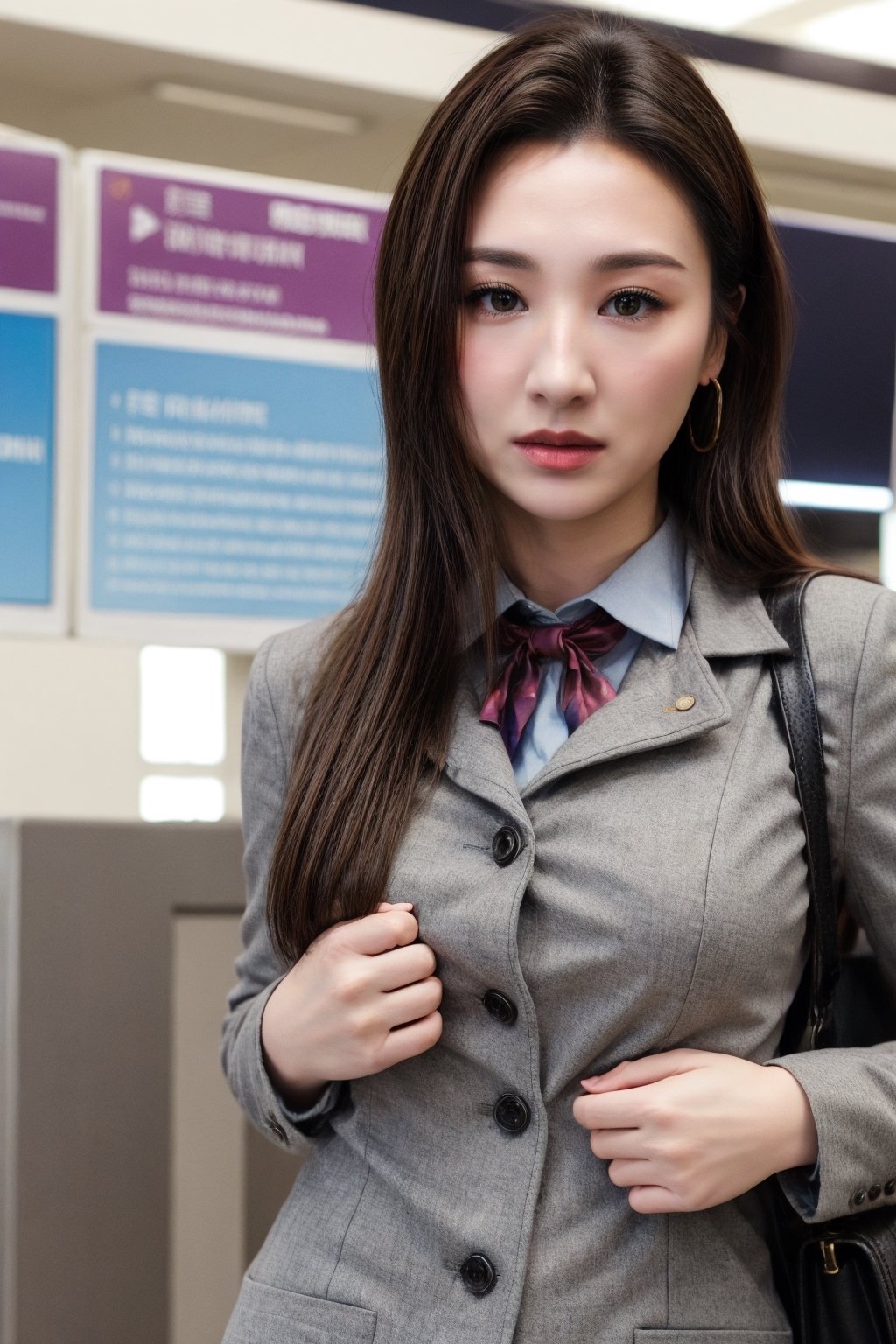 Stewardess, uniform, (upper body), medium breasts, airport