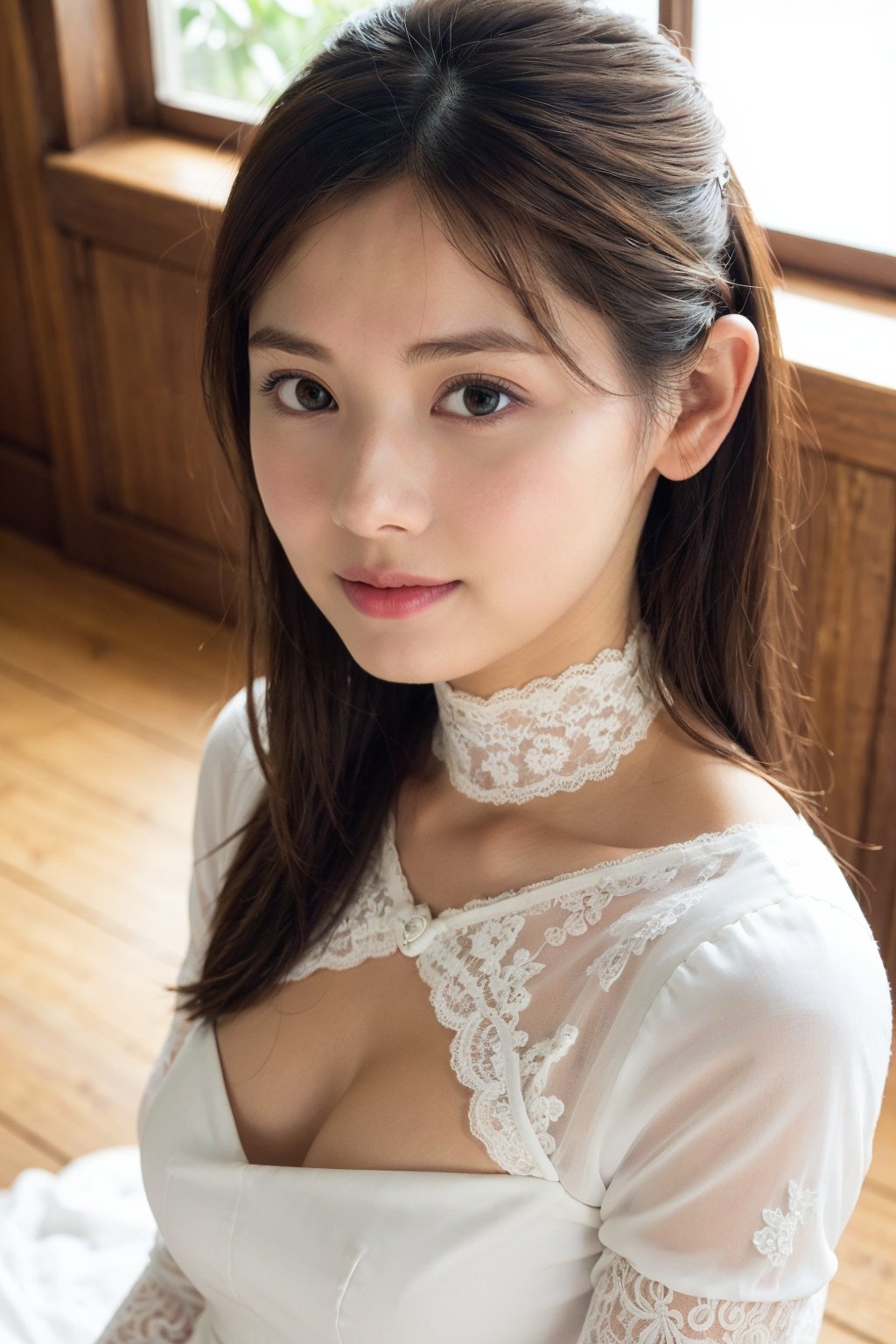 18 years old  woman,angel face,beautiful eyes, slight smile,hair bang, (thin), upper body, (fair skin), (sexy white wedding dress:1.3), wooden,natural light,glass window,dof,analog,realism,photorealistic,(From above,From side),((lace sleeves)), extended downblouse