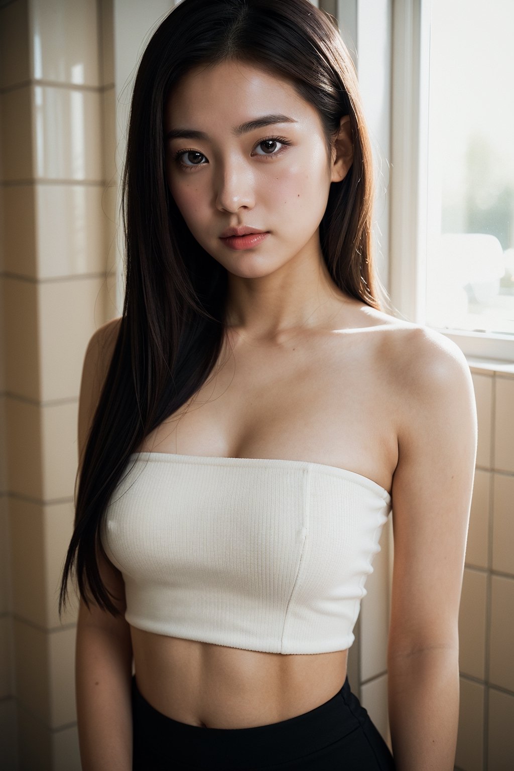 Chinese Girl, pretty face, pure face, big eyes,    Strapless Tube top, short skirt, bathroom, natural sunlight, photorealistic 