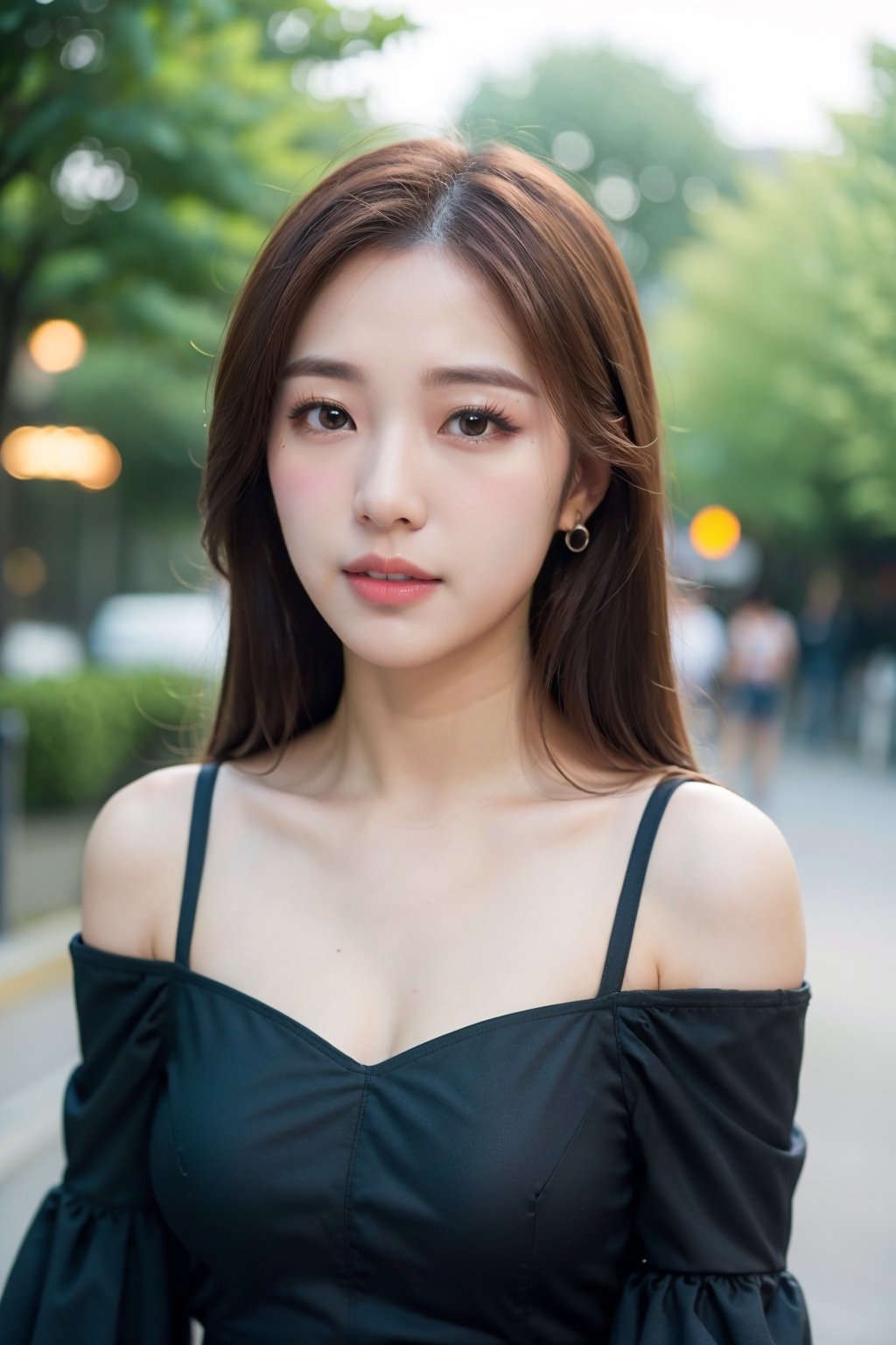 1girl, off-shoulder dress, upper_body, bokeh