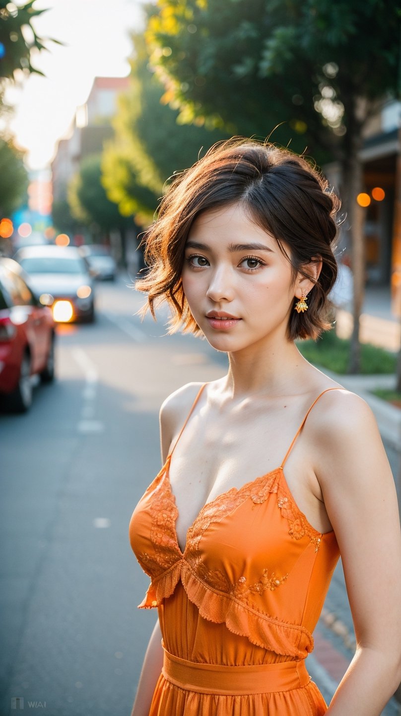 (Raw photo, real photo, bokeh:1.2) , young woman, short hair, (Bohemian orange wedding gown:1.2), (upper body), (streets of French village:1.1)