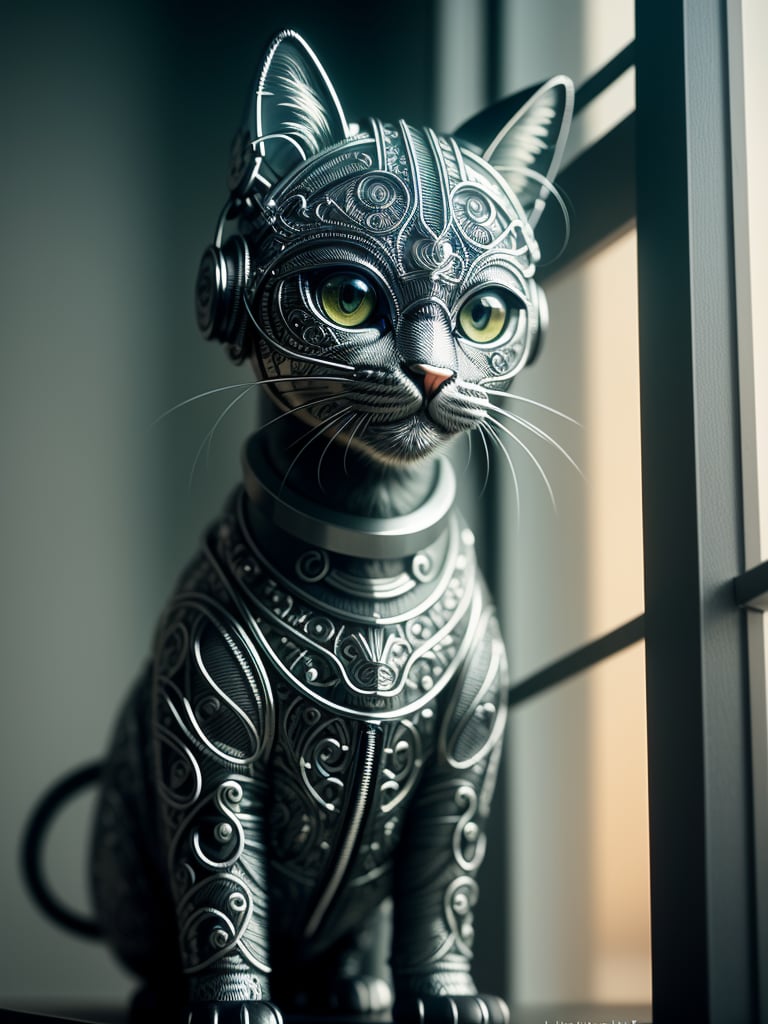 a cute kitten made out of metal, (cyborg:1.1), ([tail | detailed wire]:1.3), (intricate details), hdr, (intricate details, hyperdetailed:1.2), cinematic shot, vignette, centered