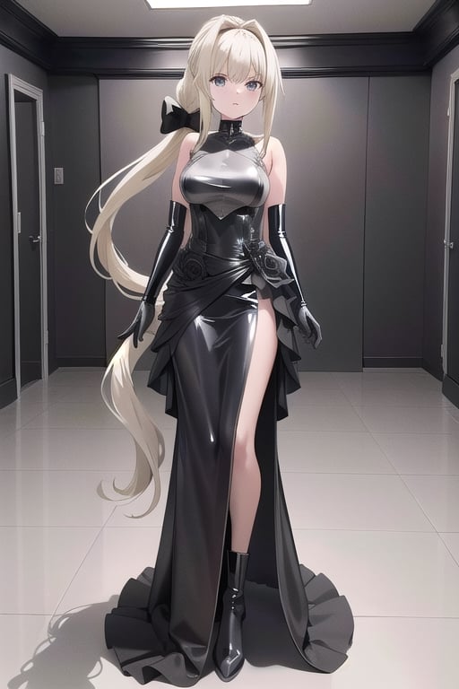 Grey latex dress with long ball gown skirt, huge grey latex bow at the waist, long grey latex gloves, high grey latex booties, long blonde hair with ponytail with enormous grey latex bow, Alicezuberg, 1girl, solo, medium breasts, indoor, grey basement, standing, looking at viewer, fullbody, ENTIRE PLANE, (extremely detailed CG unity 8k wallpaper), (ultra-detailed), (best illustration), (best shadow), (an extremely delicat EEe and beautiful), finely detail, (shine), ,Alicezuberg 