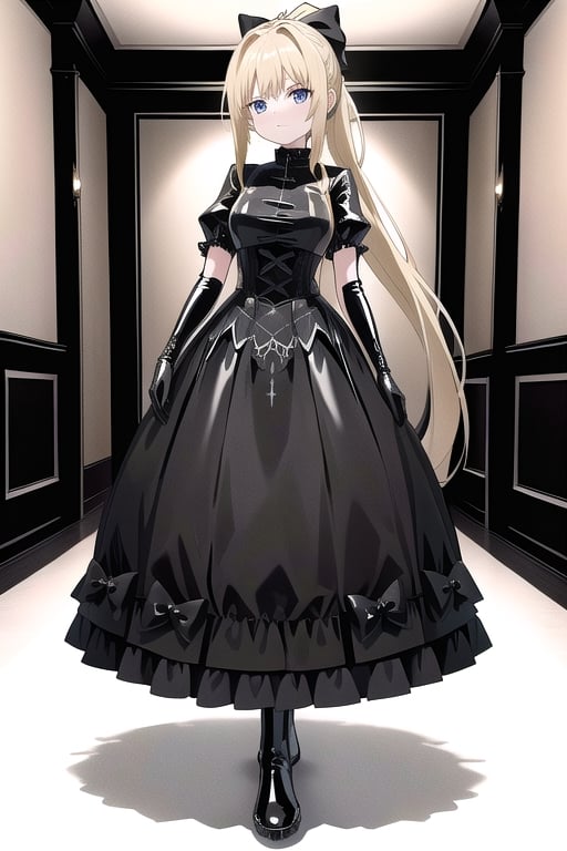 Black latex dress with long ball gown skirt, huge black latex bow at the waist, long black latex gloves, high black latex booties, long blonde hair with ponytail with very enormous black latex bow, Alicezuberg, 1girl, solo, medium breasts, indoor, black basement, standing, looking at viewer, fullbody, ENTIRE PLANE, (extremely detailed CG unity 8k wallpaper), (ultra-detailed), (best illustration), (best shadow), (an extremely delicat EEe and beautiful), finely detail, (shine), ,Alicezuberg 