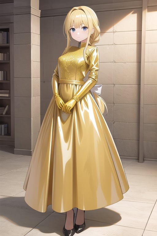 Big gold latex ballgown dress, gold latex gloves, hair with Pull-Through Braid Ponytail with very enormous gold latex bow, closed skirt, long blonde hair, alicezuberg, 1girl, solo, standing, medium breasts, indoor, basement, looking at viewer, fullbody,  ENTIRE PLANE, (extremely detailed CG unity 8k wallpaper), (ultra-detailed), (best illustration), (best shadow), (an extremely delicat EEe and beautiful), finely detail, (shine),
