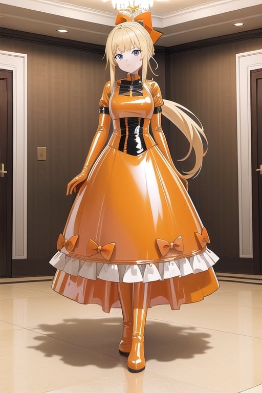 Orange latex dress with long ball gown skirt, huge orange latex bow at the waist, long orange latex gloves, high orange latex booties, long blonde hair with ponytail with enormous orange latex bow, Alicezuberg, 1girl, solo, medium breasts, indoor, orange basement, standing, looking at viewer, fullbody, ENTIRE PLANE, (extremely detailed CG unity 8k wallpaper), (ultra-detailed), (best illustration), (best shadow), (an extremely delicat EEe and beautiful), finely detail, (shine),