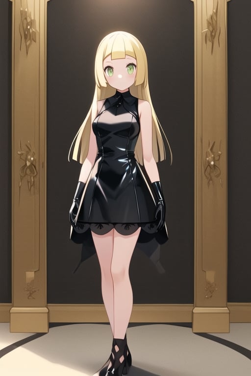 Black latex dress, black gloves, lillie, 1girl, solo, medium breasts, standing, looking at viewer, indoor, golden basement, fullbody, (extremely detailed CG unity 8k wallpaper), (ultra-detailed), (best illustration),(best shadow), (an extremely delicate and beautiful), finely detail, (shine),