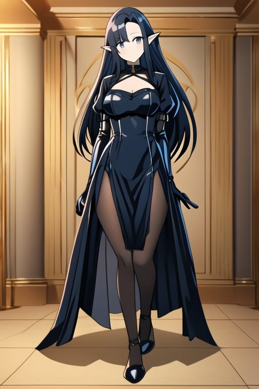 Black latex dress, black gloves, GAMMA, elf ears, dark blue hair, 1girl, solo, medium breasts, standing, looking at viewer, indoor, golden basement, fullbody, (extremely detailed CG unity 8k wallpaper), (ultra-detailed), (best illustration),(best shadow), (an extremely delicate and beautiful), finely detail, (shine),